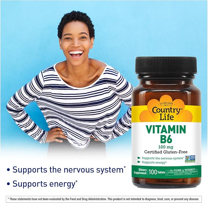 Country Life Vitamin B-6, Supports Energy and The Nervous System, 100mg, 100 Vegan Capsules, Certified Gluten Free, Certified Vegan, Certified Halal, Non-GMO Verified…