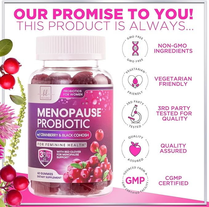 Menopause Supplements for Women Gummies with Black Cohosh, Cranberry 3 Billion CFU Probiotics - Complete Menopause Balance Relief for Hot Flashes, Night Sweats, PH, Vaginal Health Support - 60 Gummies