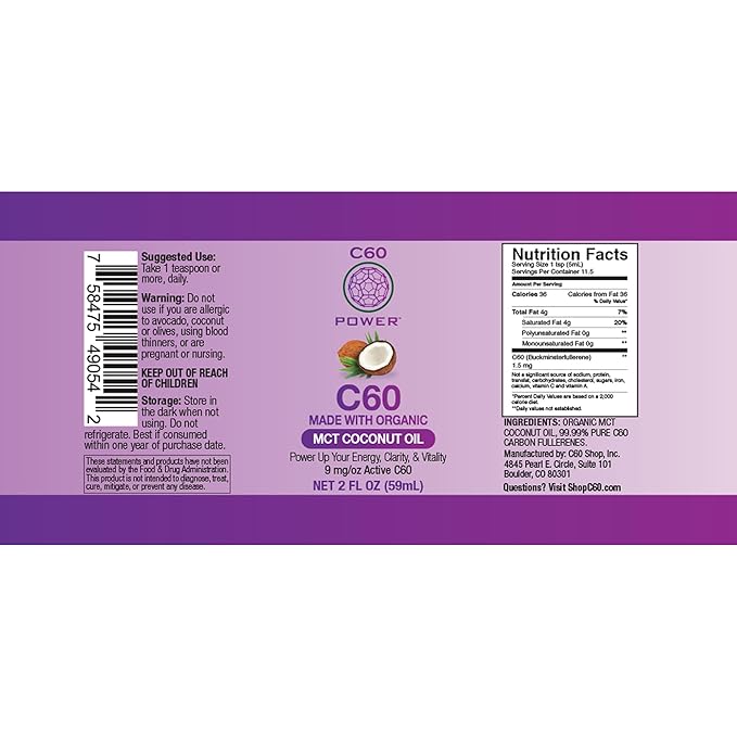 C60 Power - MCT 2-oz.- Organic MCT Coconut Oil, 2 Fl Oz, 99.99% Pure Carbon Fullerenes, Lift Oxidative Burden, Optimize Mitochondrial Function