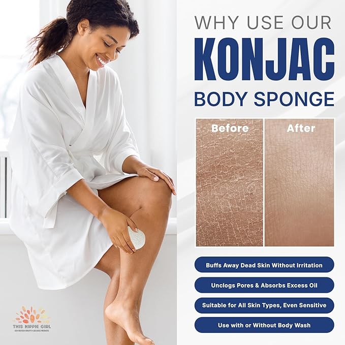 Roote Ritual Konjac Body Sponge – 100% Natural Exfoliating Shower Sponge for Sensitive Skin – Gently Deep Cleanses, Earth-Friendly Loofah, Biodegradable, Vegan – for Women, Men (Natural White)