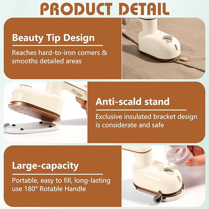 Handheld Portable Steam Iron,Saker Portable Steamer for Clothes,2-In-1 Steamer and Iron,180° Swivel Handle,Lightweight & Compact, Mini Travel iron for Home, Dorm (White)