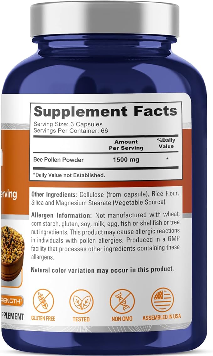 NusaPure Bee Pollen 1500mg 200 Veggie Caps (100% Vegetarian, Non-GMO, Gluten Free) Naturally Occurring Proteins, Aminoacids*