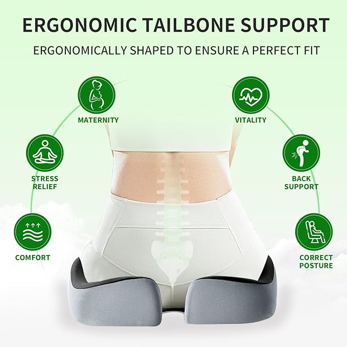 Memory Foam Seat Cushion for Office Chair Car Seat Ergonomic Chair Cushion Desk Chair Cushion for Sciatica Tailbone Hip Support Non‑Slip for Office Chairs Desk Accessories (Grey&Black)