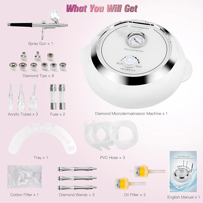 Updated 3 in 1 Microdermabrasion Machine, Professional 65-68cmhg Vacuum Suction Power Facial Clean Diamond Machine for Home Use, Beauty Star Salon Eeffect Skin Care Equipment with Vacuum & Spray Gun