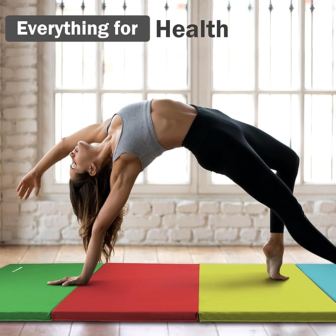 Folding Exercise Gymnastics Mat 4'x8'x2" Gym Workout Mat with Carrying Handles High-Density Anti-Tear Portable Fitness Aerobics Mats for Home Gym Yoga Pilates Tumbling MMA Core Training, Multiple Colors