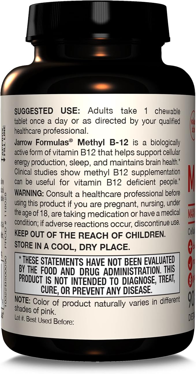 Jarrow Formulas Vitamin B12 5000 mcg - Maximum Strength for Cellular Energy and Brain Health, 90 Cherry Chewable Tablets, B12 Vitamins 5000 mcg