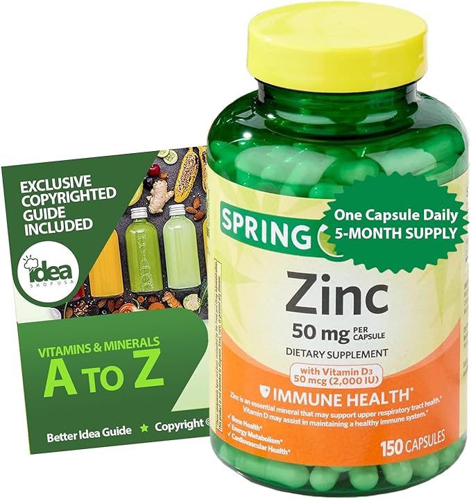 Zinc with Vitamin D Dietary Supplement Capsules for Immune Health, 50 mg, 150 Count – Bundle with Vitamins & Minerals - A to Z - Better Idea Guide