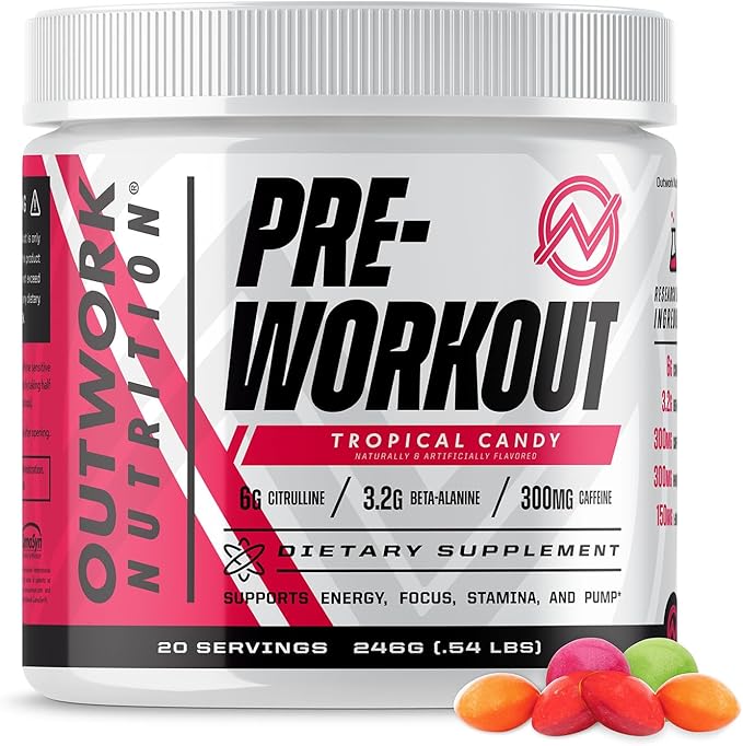 Outwork Nutrition Pre Workout Powder for Men & Women - Pre-Workout Supplements Without Creatine, Nootropic Preworkout with Citrulline Malate Beta Alanine Taurine Rhodiola Caffeine (Tropical Candy)
