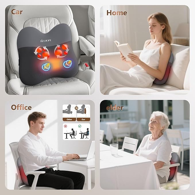 belhope Back Massager with Heat, Shiatsu and Percussion Massage, Cordless Lower Back Massage for Pain Relief Deep Tissue, 4D Neck Massager and Massage Pillow for Shoulder, Grey