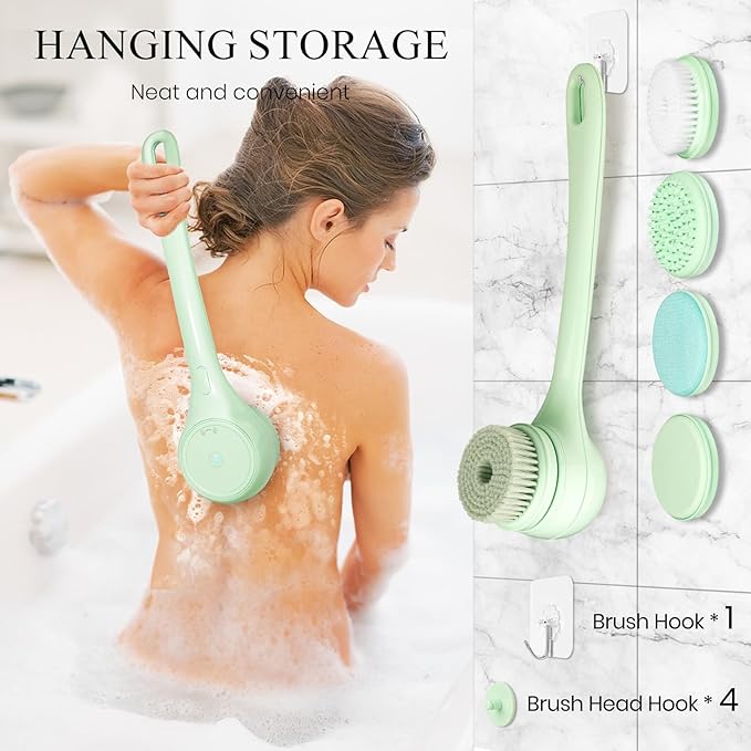 Electric Body Brush Back Scrubber for Shower, Dual Handle Auto Spinning Exfoliating Massage Bath Brush with 5 Brush Heads, Deep Cleansing, Waterproof, Rechargeable Rotating Body Brushes