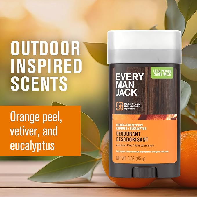 Every Man Jack Citrus + Eucalyptus Men’s Deodorant - Stay Fresh with Aluminum Free Deodorant For all Skin Types - Odor Crushing, Long Lasting, with Naturally Derived Ingredients - 3oz (2 Pack)