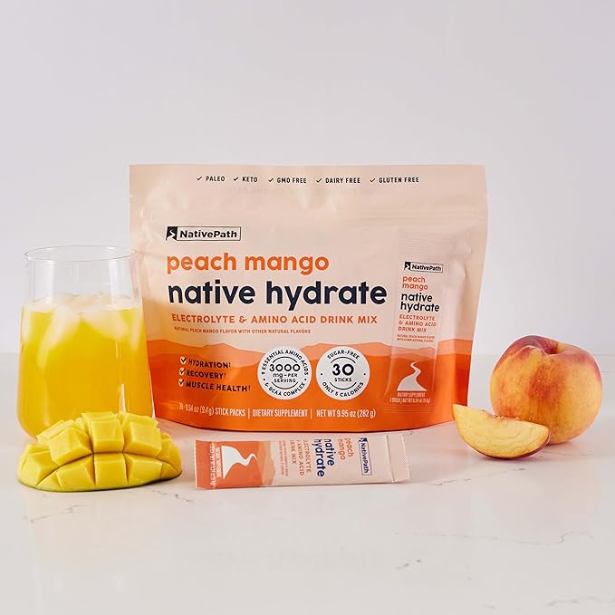 NativePath Native Hydrate Stick Packs, Sugar Free Electrolytes Powder with BCAAs, Peach Mango Hydration, Keto & Paleo Friendly, 30 Servings