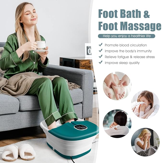 COSTWAY Collapsible Foot Spa Bath, with Heat, Bubbles, 16 Shiatsu Massage Rollers, Pedicure Foot Spa Tub W/Remote Control, Timer, Pumice Stone, Medicine Box (Deep Blue+White)