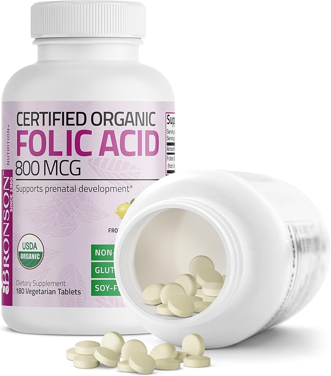 Bronson Organic Folic Acid (Vitamin B9 Folate) 800 mcg Folate from Lemon Peel, 180 Tablets