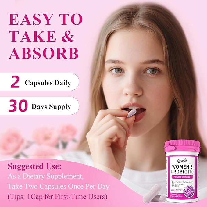 Deepure Probiotics for Women- 30 Billion CFU Women's Probiotic Capsules with Prebiotic Cranberry Supports Vaginal pH Balance, Digestive & Immune Health 60 Vegetarian Capsules