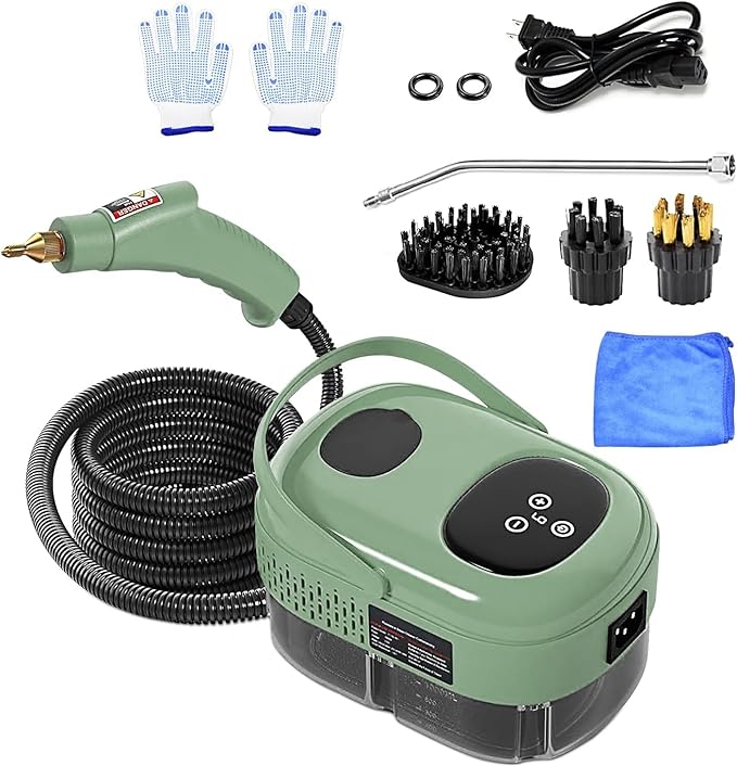YXQ Handheld Steam Cleaner 2500W High Temperature Pressurized Steam Cleaner 10S Fast Heating with 3 Brush Heads and Extended Rod Portable Steam Cleaning Machine for Kitchen, Bathroom, Tile (Green)