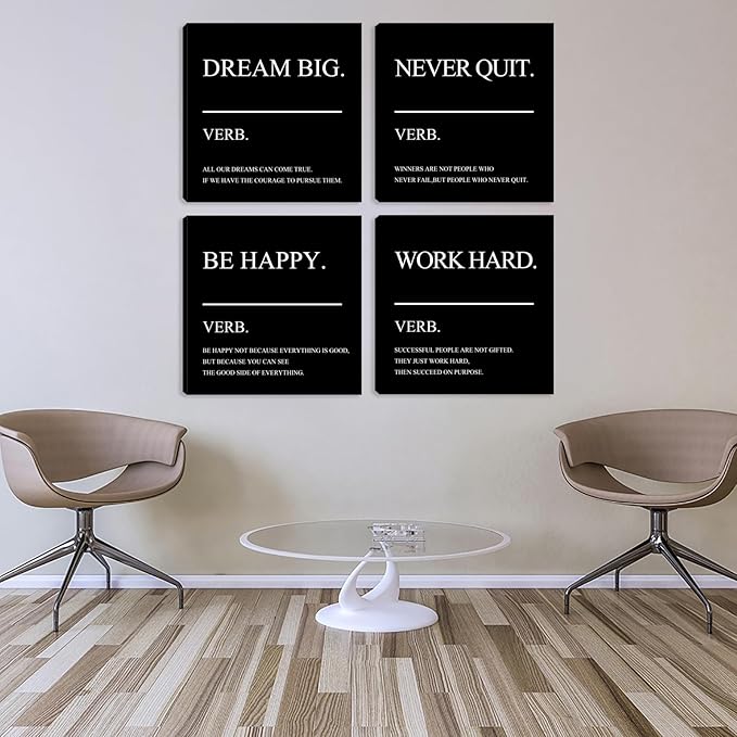 Motivational Canvas Framed Wall Art - Inspirational Office Decor Quotes Poster Picture Artwork Painting Prints for Bedroom Living Room Home Decorations 20"x20"x4pcs