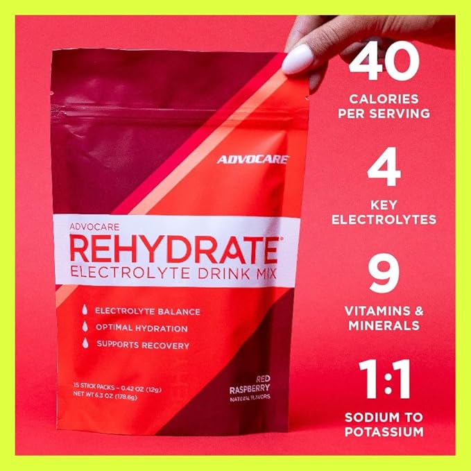 AdvoCare Rehydrate Electrolyte Drink Mix - Hydration & Recovery Drink with Sodium, Potassium & More - Red Raspberry - 15 Hydration Packets
