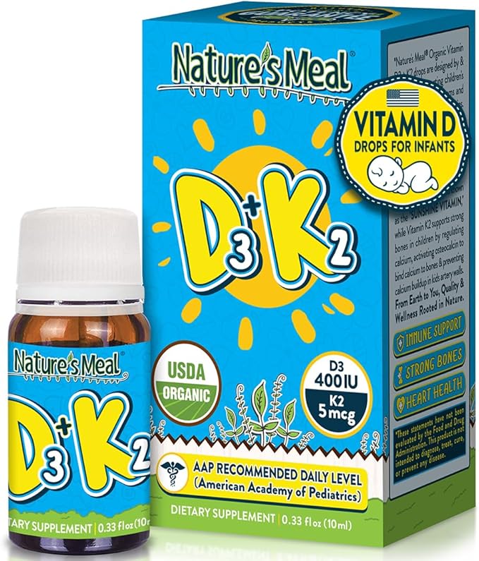Nature's Meal Vitamin D3 + K2 Drops MK-7 5 mcg, Liquid Vitamin D Drops for Infants 400 IU, Healthy Bones, Heart & Immune System, Sugar Free Supplement for Infants/Baby & Toddlers, 180 Servings