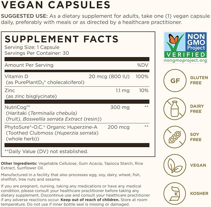 Solgar Memory Support Brain Dietary Supplement for Memory and Focus, Clinically Studied Nutricog, Vitamin D & Huperzine-A, Nootropic Brain Health Supplement, Healthy Aging Support, 30 Servings