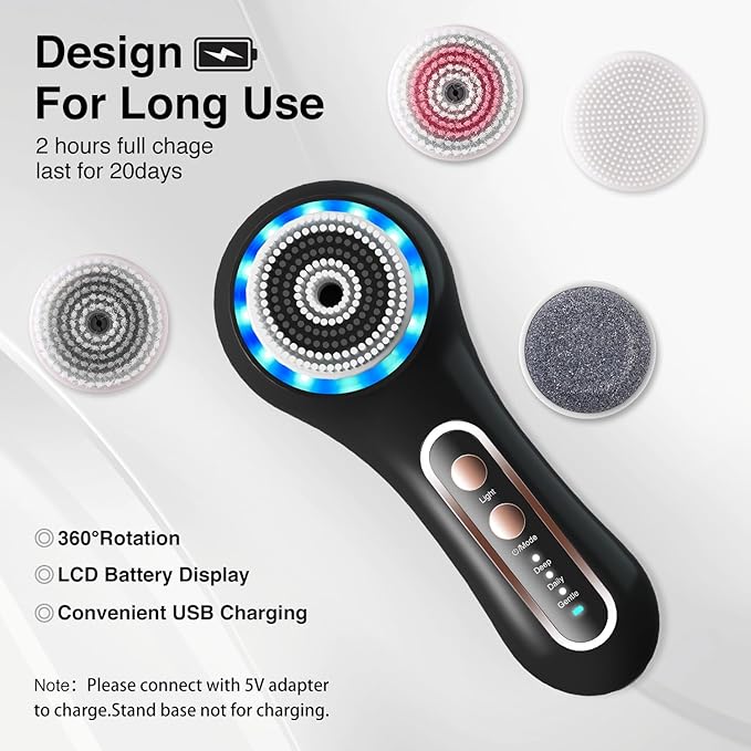 Face Scrubber Exfoliator,Facial Cleansing Brush Rechargeable IPX7 Waterproof with 5 Brush Heads,Electric Face Spin Brush for Exfoliating, Massaging and Deep Cleansing