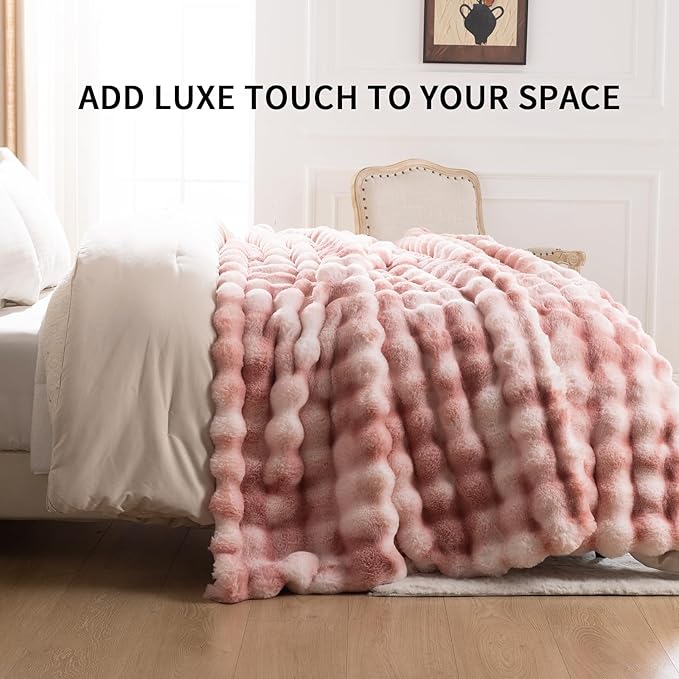 Cozy Faux Fur Throw Blanket for Couch-Warm Fuzzy Throw Blanket, Soft Plush Thick Bubble Blankets for Bedroom and Living Room, Furry Luxury Blanket, 90 x 90, Tie-Dye Pink