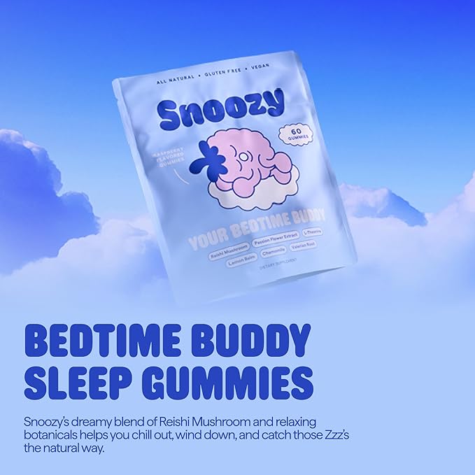Snoozy Bedtime Buddy, Sleep Mushroom Gummies | Reishi, Chamomile, Valerian Root, Lemon Balm Extract | Natural Sleep Aid, Melatonin Free | Raspberry Flavored, 60 Gummies, 1 Pack
