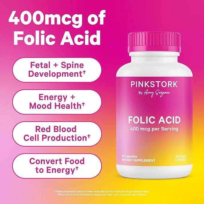 Pink Stork Folic Acid Supplement for Women – 400mcg, Daily Vitamin B9 for Prenatal & Fertility Support, Supports Red Blood Cell Formation & Energy – 30 Vegetarian Capsules
