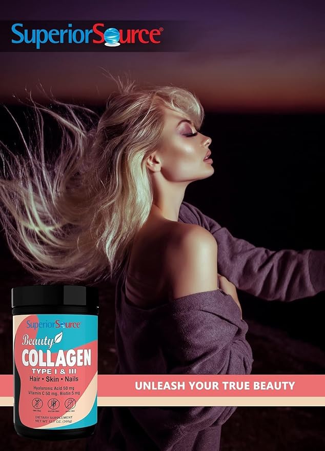 Superior Source Beauty Collagen - Collagen Powder from Grass-Fed Cows - Supports Healthy Hair, Nails & Skin - Features Biotin, Vitamin C & Hyaluronic Acid - 12.7 oz