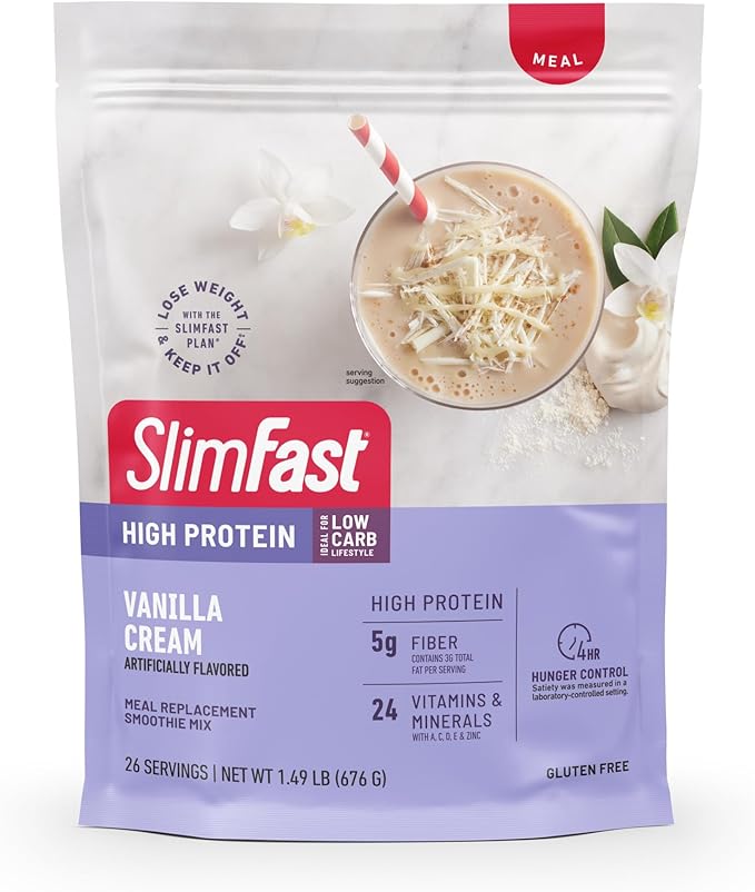 SlimFast High Protein Meal Replacement Powder, 26 Servings, Advanced Nutrition Smoothie Mix with Vitamin and Mineral Blend, Gluten Free, Vanilla Cream, 1.53 Pounds
