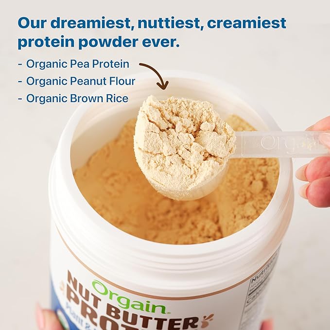 Orgain X Justin's ® Organic Vegan Nut Butter Protein Powder, Vanilla Almond Butter- 20g Plant Protein, 1g Sugar, Gluten Free, No Dairy, Soy Ingredients, or Artificial Flavors, 1.17 lb
