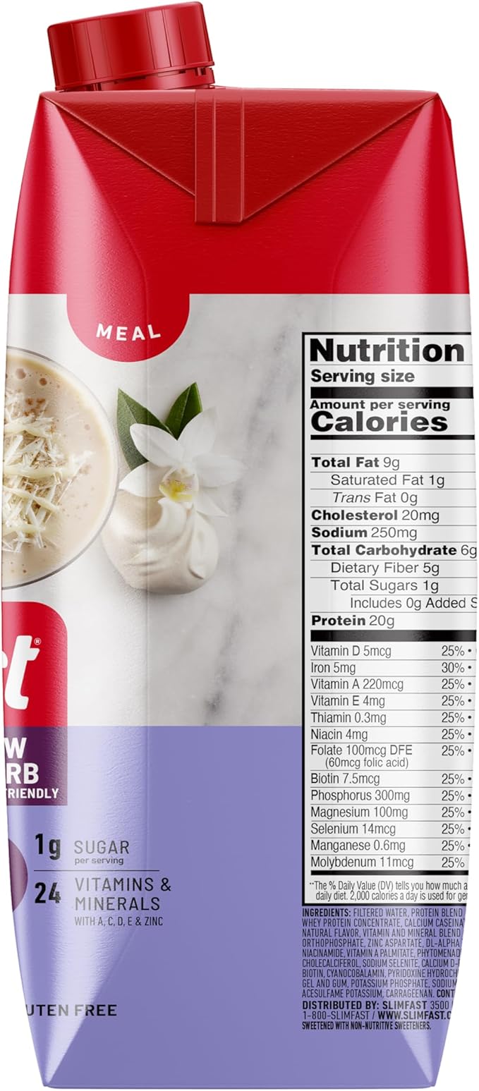 SlimFast Protein Shake, Vanilla- 20g Protein, Meal Replacement Shake Ready to Drink, High Protein with Low Carb and Low Sugar, 24 Vitamins and Minerals, 12 Count (Pack of 1) (Packaging May Vary)