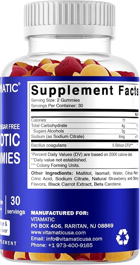 Vitamatic Sugar Free Probiotic Gummies for Men and Women – 5 Billion CFUs - 60Gummies per Bottle | 2 Pack (120 Gummies) Digestive, Immune & Gut Health Support – Gluten Free