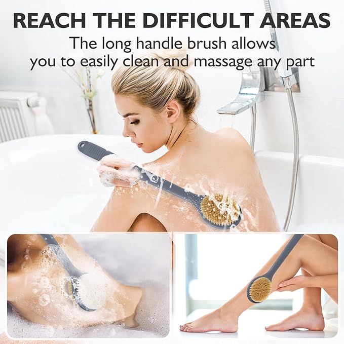 VANZAVANZU 17 Inch Back Scrubber for Shower, Anti-Slip Long Handle Shower Brush with Soft and Stiff Bristles, Exfoliating Bath Brush for Wet or Dry Brushing (Gray)