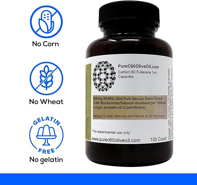 C60 Organic Avocado Oil Capsules Pills 100ml / 3.4 Fl Oz - 99.99% Carbon 60 Solvent Free 80mg - Food Grade - Carbon 60 Avocado Oil - from The Leading Global Producer