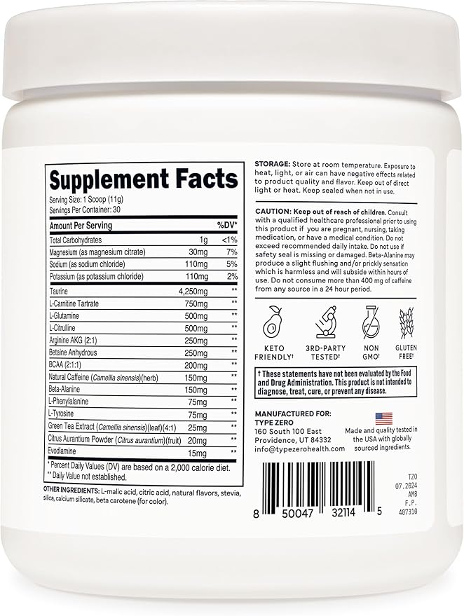 Type Zero AminoBurn - Natural Pre Workout + BCAA (Peach Mango | 30serv) Sugar Free BCAAs Amino Acids Supplement Keto and Amino Preworkout and Post Workout Drink
