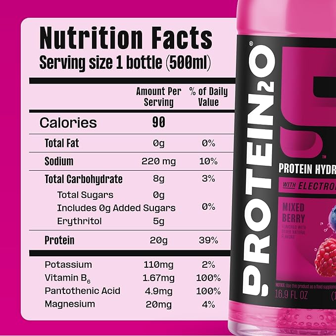 Protein2o Hydration Drink - 2-in-1 Liquid Clear Whey Protein Isolate and Electrolyte Drink - 20g Protein, Vitamins B5, B6 - Post-Workout Recovery - 16.9 Fl Oz - 12 Count Mixed Berry