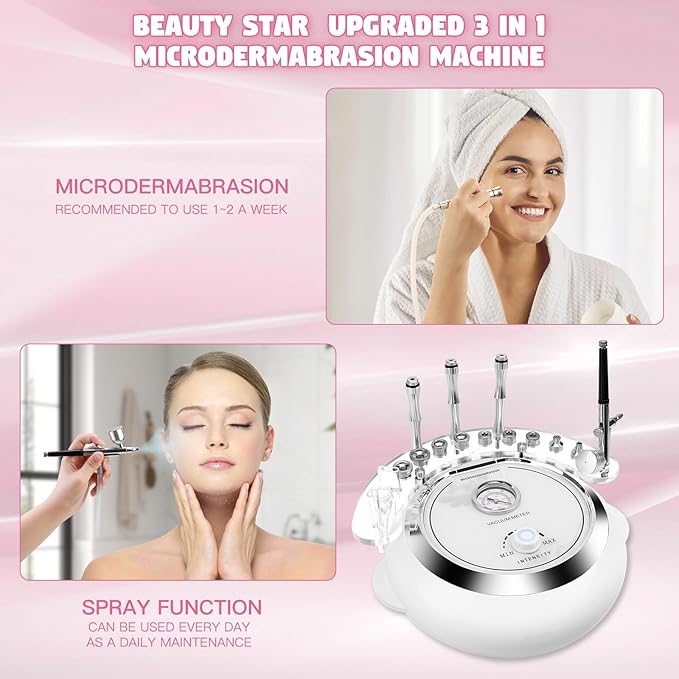 Updated 3 in 1 Microdermabrasion Machine, Professional 65-68cmhg Vacuum Suction Power Facial Clean Diamond Machine for Home Use, Beauty Star Salon Eeffect Skin Care Equipment with Vacuum & Spray Gun