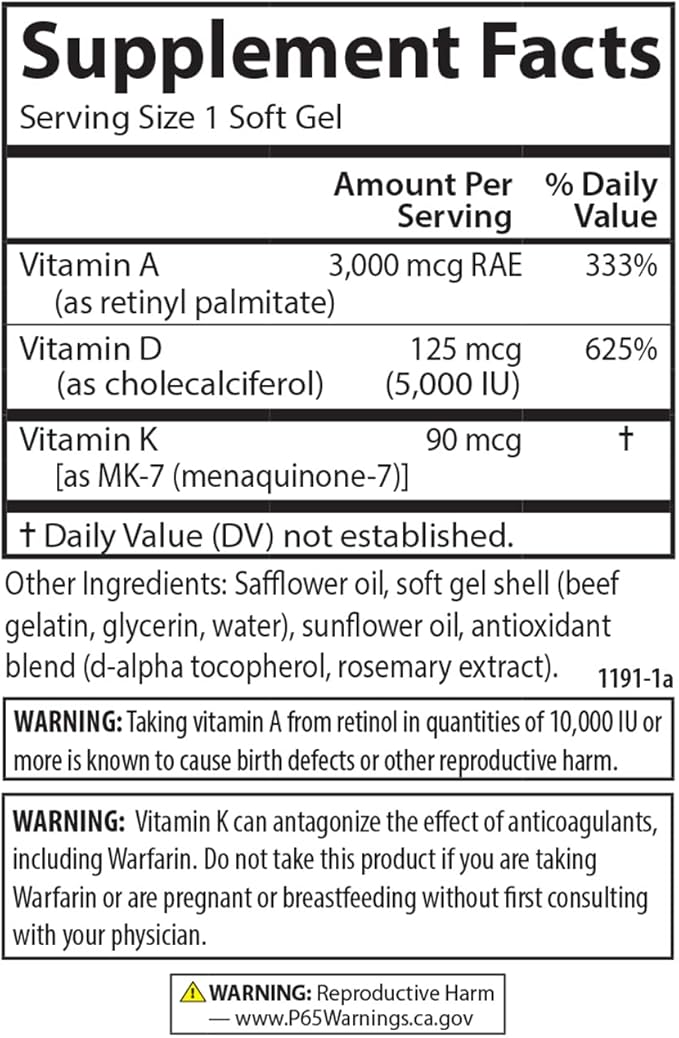 Carlson - Vitamins A, D3, K2, 3000 mcg RAE Vitamin A, 125 mcg Vitamin D3, 90 mcg Vitamin K2 as MK-7, Bone Building, Calcium Utilization, 120 Soft Gels