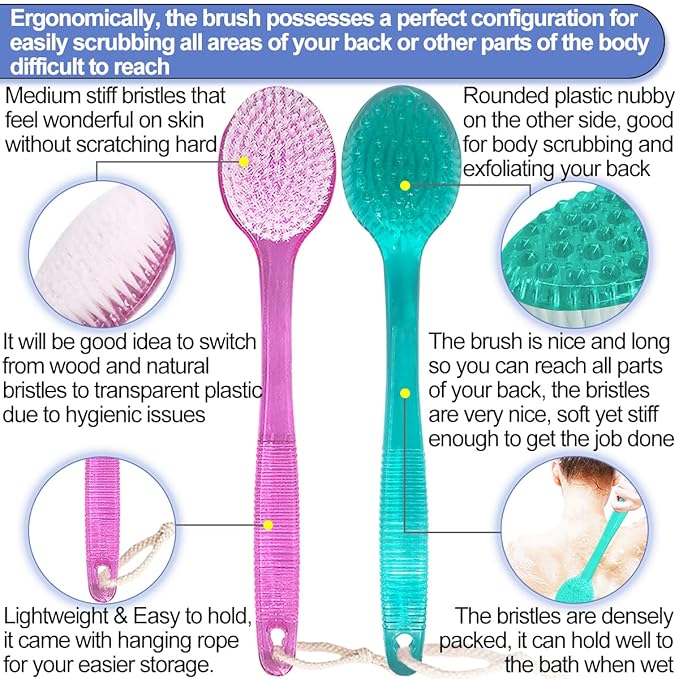 Back Brush for Shower, 14-inch Long Handle Medium Stiff Bristles Bath Scrubber for Men Women Body Exfoliating and Brushing - 2 Packs Pink+Blue