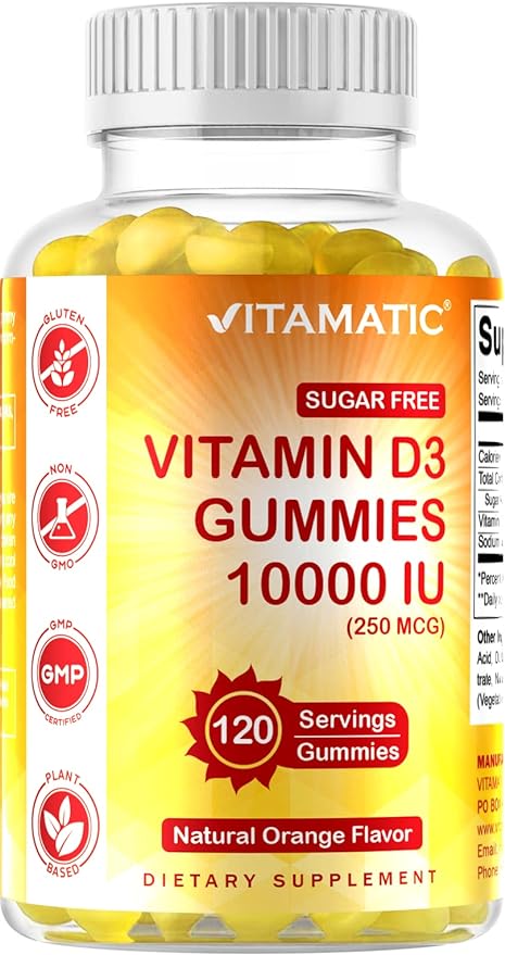 Vitamatic Sugar Free Vitamin D3 10000 IU - 120 Pectin Based Gummies - Great Taste - Healthy Bones, Mood & Immune System Function - Non-GMO - 120 Servings