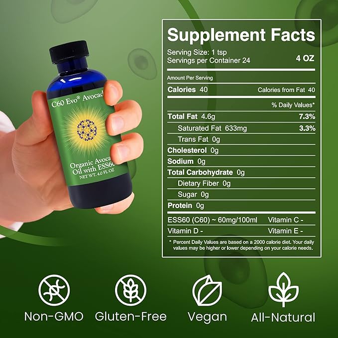 Organic Avocado Oil, 100% Pure ESS60 (.6 mg/mL) Supports Joint Health, Flexibility, Energy, Immunity, Sleep (4 oz)