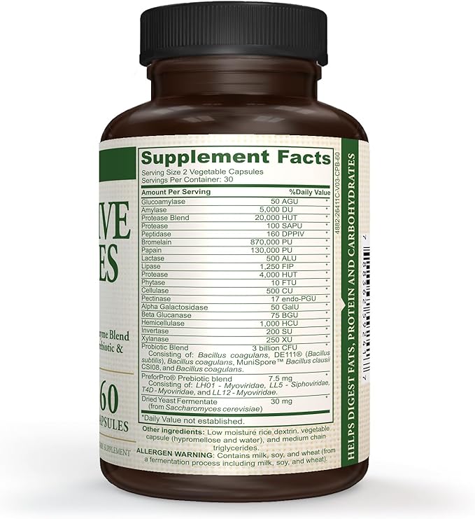 Digestive Enzymes Plus Probiotics.18 Broad Spectrum Digestive enyzme Blend with 5 probiotic strains Plus prebiotic and postbiot Support. - 60 Vegetarian Capsules