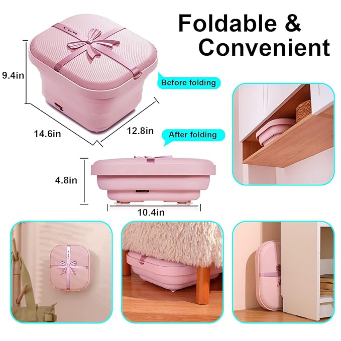 Collapsible Foot Bath Spa with heat and Massage Rollers, Foldable Foot Soak Tub with Bubbles Jets and LED light, Pedicure Foot Spa Massager with Foot Scrubber for Home Use (Pink)