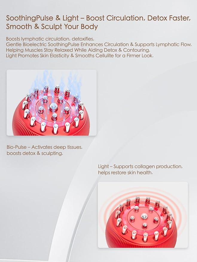 Lymphatic Drainage Massager & Anti Cellulite Massage Tool, Reduce Stretch Marks & Cellulite, for Legs, Arms & Belly, Body Sculpting Machine with Microcurrent, Light, Heat & Vibration (Red)