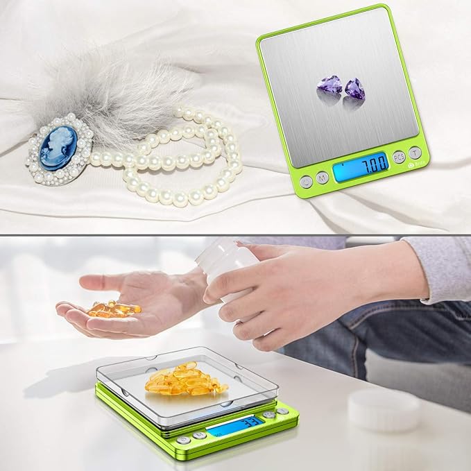 AMIR Digital Kitchen Scale, 500g-0.01g Mini Pocket Jewelry Scale, Cooking Food Scale with Backlit LCD Display, 2 Trays, 6 Units, Auto Off, Tare, Stainless Steel (Battery Included)