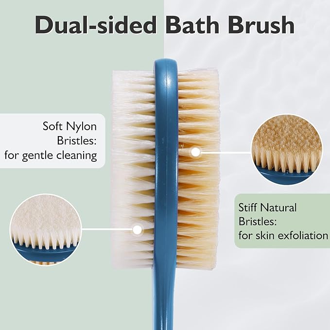 VANZAVANZU 17 Inch Back Scrubber for Shower, Anti-Slip Long Handle Shower Brush with Soft and Stiff Bristles, Exfoliating Bath Brush for Wet or Dry Brushing (Navy Blue)