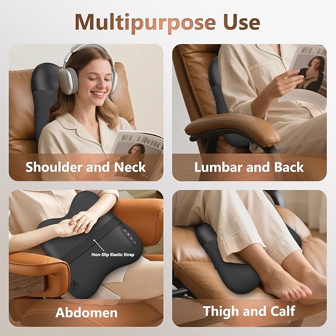 Back Massager with Heat, Shiatsu and Percussion Massage, Cordless Lower Back Massage for Pain Relief Deep Tissue, 4D Neck Massager and Massage Pillow for Shoulder, Black