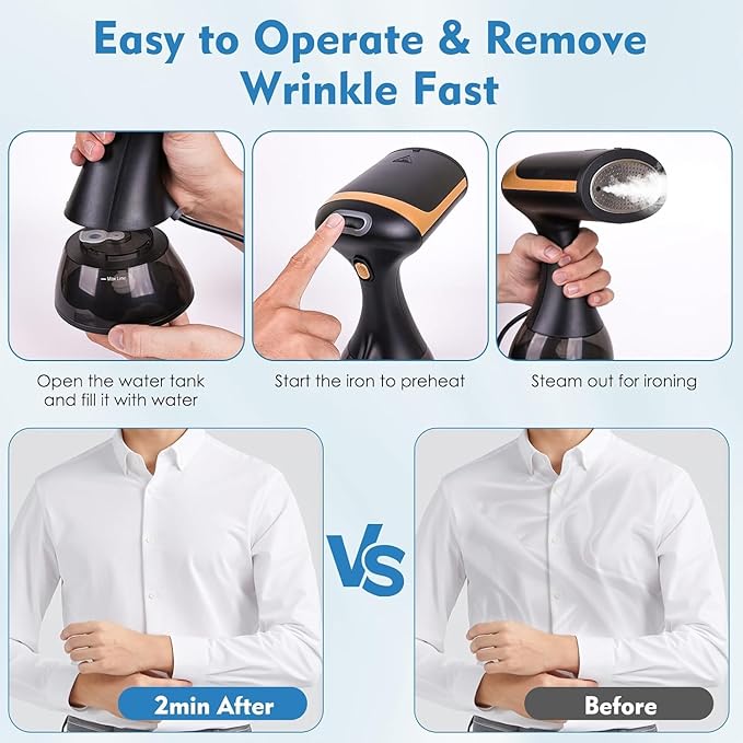 ZOOY Steamer for Clothes 1500W, Clothes Steamer for Home, Office, Travel, Portable Handheld Garment Steamer Upgraded 300ML Large Capacity Water Tank, Wrinkle Remover(Black)