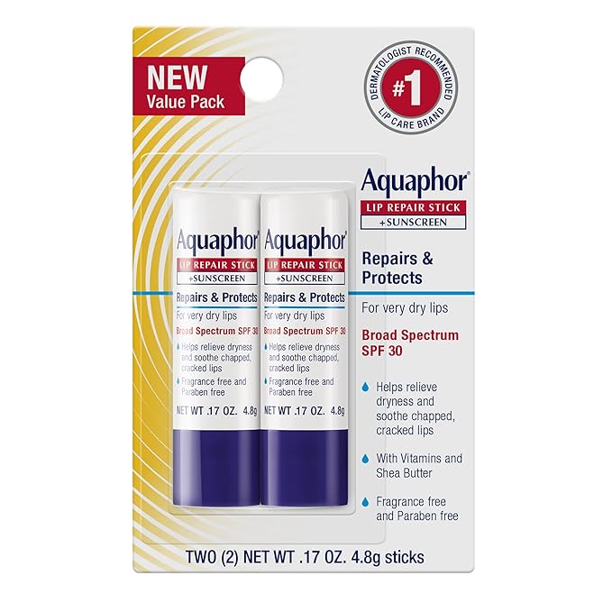 Aquaphor Lip Balm Set with Jojoba Oil and Shea Butter, Lip Repair Stick (2 x 0.17 Oz) + Repair Stick with Sunscreen SPF 30 (2 x 0.17 Oz), Fragrance Free, Paraben Free, Immediately Relieves Dryness